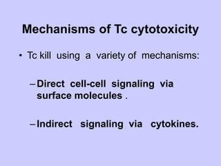 Mechanisms of Tc cytotoxicity
• Tc kill using a variety of mechanisms:
–Direct cell-cell signaling via
surface molecules .
–Indirect signaling via cytokines.
 