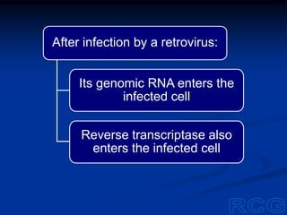 After infection by a retrovirus:
Its genomic RNA enters the
infected cell
Reverse transcriptase also
enters the infected cell
 