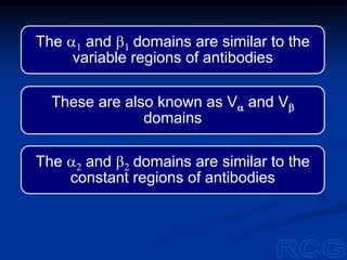 The a1 and b1 domains are similar to the
variable regions of antibodies
These are also known as Va and Vb
domains
The a2 and b2 domains are similar to the
constant regions of antibodies
 