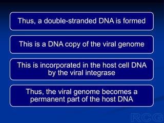 Thus, a double-stranded DNA is formed
This is a DNA copy of the viral genome
This is incorporated in the host cell DNA
by the viral integrase
Thus, the viral genome becomes a
permanent part of the host DNA
 