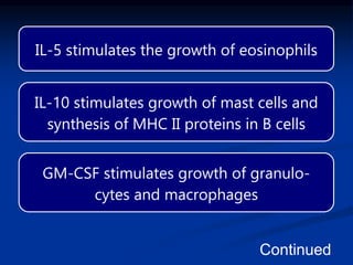IL-5 stimulates the growth of eosinophils
IL-10 stimulates growth of mast cells and
synthesis of MHC II proteins in B cells
GM-CSF stimulates growth of granulo-
cytes and macrophages
Continued
 