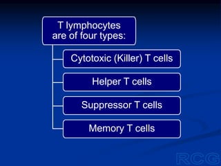 T lymphocytes
are of four types:
Cytotoxic (Killer) T cells
Helper T cells
Suppressor T cells
Memory T cells
 