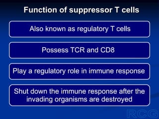 Also known as regulatory T cells
Shut down the immune response after the
invading organisms are destroyed
Play a regulatory role in immune response
Possess TCR and CD8
Function of suppressor T cells
 