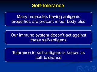 Many molecules having antigenic
properties are present in our body also
Our immune system doesn’t act against
these self-antigens
Tolerance to self-antigens is known as
self-tolerance
Self-tolerance
 