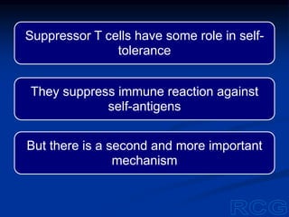 Suppressor T cells have some role in self-
tolerance
They suppress immune reaction against
self-antigens
But there is a second and more important
mechanism
 