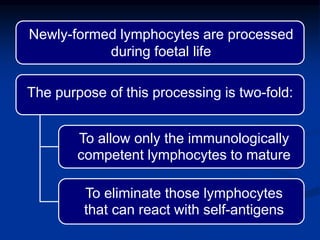 Newly-formed lymphocytes are processed
during foetal life
The purpose of this processing is two-fold:
To allow only the immunologically
competent lymphocytes to mature
To eliminate those lymphocytes
that can react with self-antigens
 