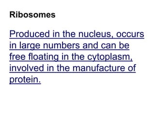 Ribosomes
Produced in the nucleus, occurs
in large numbers and can be
free floating in the cytoplasm,
involved in the manufacture of
protein.
 