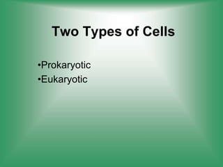 Two Types of Cells
•Prokaryotic
•Eukaryotic
 