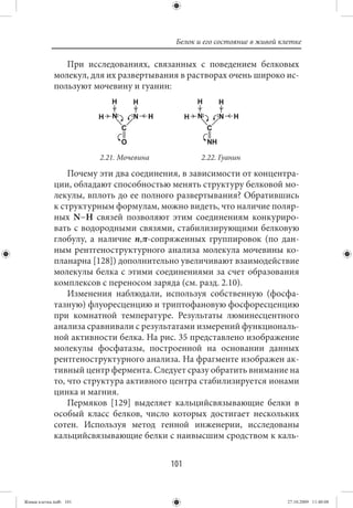 Белок и его состояние в живой клетке

                При исследованиях, связанных с поведением белковых
             молекул, для их развертывания в растворах очень широко ис-
             пользуют мочевину и гуанин:




                        2.21. Мочевина           2.22. Гуанин

                 Почему эти два соединения, в зависимости от концентра-
             ции, обладают способностью менять структуру белковой мо-
             лекулы, вплоть до ее полного развертывания? Обратившись
             к структурным формулам, можно видеть, что наличие поляр-
             ных N−H связей позволяют этим соединениям конкуриро-
             вать с водородными связями, стабилизирующими белковую
             глобулу, а наличие n,π-сопряженных группировок (по дан-
             ным рентгеноструктурного анализа молекула мочевины ко-
             планарна [128]) дополнительно увеличивают взаимодействие
             молекулы белка с этими соединениями за счет образования
             комплексов с переносом заряда (см. разд. 2.10).
                 Изменения наблюдали, используя собственную (фосфа-
             тазную) флуоресценцию и триптофановую фосфоресценцию
             при комнатной температуре. Результаты люминесцентного
             анализа сравнивали с результатами измерений функциональ-
             ной активности белка. На рис. 35 представлено изображение
             молекулы фосфатазы, построенной на основании данных
             рентгеноструктурного анализа. На фрагменте изображен ак-
             тивный центр фермента. Следует сразу обратить внимание на
             то, что структура активного центра стабилизируется ионами
             цинка и магния.
                 Пермяков [129] выделяет кальцийсвязывающие белки в
             особый класс белков, число которых достигает нескольких
             сотен. Используя метод генной инженерии, исследованы
             кальцийсвязывающие белки с наивысшим сродством к каль-


                                         101


Живая клетка.indb 101                                                     27.10.2009 11:40:08
 