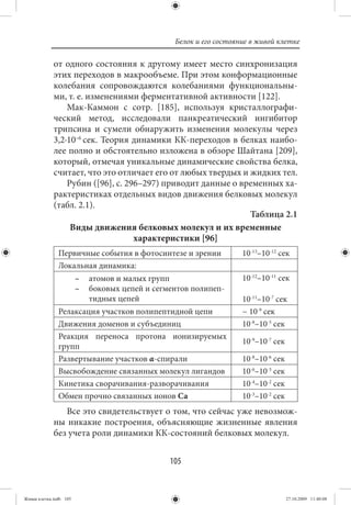 Белок и его состояние в живой клетке

             от одного состояния к другому имеет место синхронизация
             этих переходов в макрообъеме. При этом конформационные
             колебания сопровождаются колебаниями функциональны-
             ми, т. е. изменениями ферментативной активности [122].
                 Мак-Каммон с сотр. [185], используя кристаллографи-
             ческий метод, исследовали панкреатический ингибитор
             трипсина и сумели обнаружить изменения молекулы через
             3,2·10–6  сек. Теория динамики КК-переходов в белках наибо-
             лее полно и обстоятельно изложена в обзоре Шайтана [209],
             который, отмечая уникальные динамические свойства белка,
             считает, что это отличает его от любых твердых и жидких тел.
                 Рубин ([96], с. 296–297) приводит данные о временных ха-
             рактеристиках отдельных видов движения белковых молекул
             (табл. 2.1).
                                                              Таблица 2.1
                  Виды движения белковых молекул и их временные
                                   характеристики [96]
               Первичные события в фотосинтезе и зрении             10-13–10-12 сек
               Локальная динамика:
                        –   атомов и малых групп                    10-12–10-11 сек
                        –   боковых цепей и сегментов полипеп-
                            тидных цепей                            10-11–10-7 сек
               Релаксация участков полипептидной цепи               ~ 10-9 cек
               Движения доменов и субъединиц                        10-8–10-5 сек
               Реакция переноса протона ионизируемых
                                                                    10-9–10-7 сек
               групп
               Развертывание участков α-спирали                     10-8–10-6 сек
               Высвобождение связанных молекул лигандов             10-6–10-3 сек
               Кинетика сворачивания-разворачивания                 10-4–10-2 сек
               Обмен прочно связанных ионов Са                      10-3–10-2 сек
                Все это свидетельствует о том, что сейчас уже невозмож-
             ны никакие построения, объясняющие жизненные явления
             без учета роли динамики КК-состояний белковых молекул.


                                                105


Живая клетка.indb 105                                                               27.10.2009 11:40:08
 