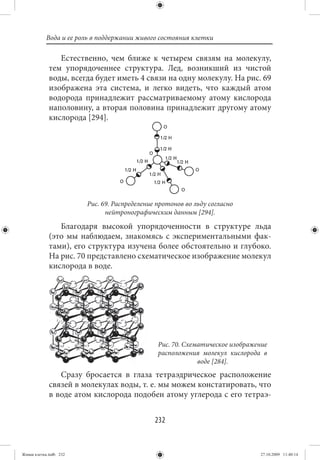 Вода и ее роль в поддержании живого состояния клетки

                Естественно, чем ближе к четырем связям на молекулу,
             тем упорядоченнее структура. Лед, возникший из чистой
             воды, всегда будет иметь 4 связи на одну молекулу. На рис. 69
             изображена эта система, и легко видеть, что каждый атом
             водорода принадлежит рассматриваемому атому кислорода
             наполовину, а вторая половина принадлежит другому атому
             кислорода [294].




                        Рис. 69. Распределение протонов во льду согласно
                              нейтронографическим данным [294].

                Благодаря высокой упорядоченности в структуре льда
             (это мы наблюдаем, знакомясь с экспериментальными фак-
             тами), его структура изучена более обстоятельно и глубоко.
             На рис. 70 представлено схематическое изображение молекул
             кислорода в воде.




                                               Рис. 70. Схематическое изображение
                                               расположения молекул кислорода в
                                                            воде [284].
                Сразу бросается в глаза тетраэдрическое расположение
             связей в молекулах воды, т. е. мы можем констатировать, что
             в воде атом кислорода подобен атому углерода с его тетраэ-


                                              232


Живая клетка.indb 232                                                         27.10.2009 11:40:14
 