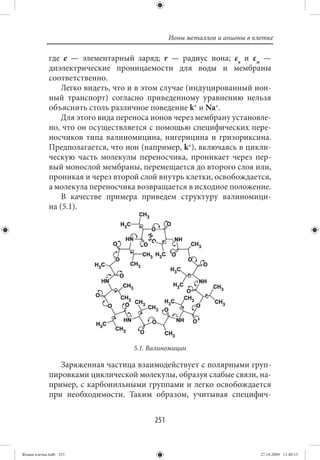 Ионы металлов и анионы в клетке

             где е — элементарный заряд; r — радиус иона; εв и εм —
             диэлектрические проницаемости для воды и мембраны
             соответственно.
                 Легко видеть, что и в этом случае (индуцированный ион-
             ный транспорт) согласно приведенному уравнению нельзя
             объяснить столь различное поведение k+ и Na+.
                 Для этого вида переноса ионов через мембрану установле-
             но, что он осуществляется с помощью специфических пере-
             носчиков типа валиномицина, нигерицина и гризориксина.
             Предполагается, что ион (например, k+), включаясь в цикли-
             ческую часть молекулы переносчика, проникает через пер-
             вый монослой мембраны, перемещается до второго слоя или,
             проникая и через второй слой внутрь клетки, освобождается,
             а молекула переносчика возвращается в исходное положение.
                 В качестве примера приведем структуру валиномици-
             на (5.1).




                                   5.1. Валиномицин

                Заряженная частица взаимодействует с полярными груп-
             пировками циклической молекулы, образуя слабые связи, на-
             пример, с карбонильными группами и легко освобождается
             при необходимости. Таким образом, учитывая специфич-


                                         251


Живая клетка.indb 251                                                     27.10.2009 11:40:15
 