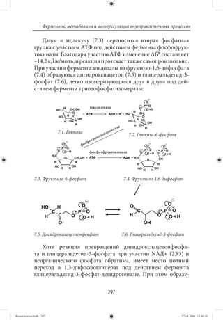 Ферменты, метаболизм и авторегуляция внутриклеточных процессов

                 Далее в молекулу (7.3) переносится вторая фосфатная
             группа с участием АТФ под действием фермента фосфофрук-
             токиназы. Благодаря участию АТФ изменение ΔG0 составляет
             –14,2 кДж/моль, и реакция протекает также самопроизвольно.
             При участии фермента альдолазы из фруктозо-1,6-дифосфата
             (7.4) образуются дигидроксиацетон (7.5) и глицеральдегид-3-
             фосфат (7.6), легко изомеризующиеся друг в друга под дей-
             ствием фермента триозофосфатизомеразы:


                                             гексокиназа




                                                              аз   а
                        7.1. Глюкоза                      мер
                                                       изо                7.2. Глюкоза-6-фосфат
                                                   оз о
                                                 юк
                                            ф огл
                                        с
                                   фо
                                             фосфатфруктокиназа




             7.3. Фруктозо-6-фосфат                                    7.4. Фруктозо-1,6-дифосфат




             7.5. Дигидроксиацетонфосфат                               7.6. Глицеральдегид-3-фосфат

                Хотя реакция превращений дигидроксиацетонфосфа-
             та и глицеральдегид-3-фосфата при участии NАД+ (2.83) и
             неорганического фосфата обратима, имеет место полный
             переход в 1,3-дифосфоглицерат под действием фермента
             глицеральдегид-3-фосфат-дегидрогеназы. При этом образу-


                                                         297


Живая клетка.indb 297                                                                             27.10.2009 11:40:16
 