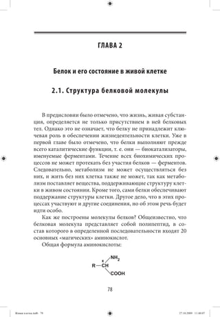 ГЛАВА 2


                       Белок и его состояние в живой клетке

                       2.1. Структура белковой молекулы


                В предисловии было отмечено, что жизнь, живая субстан-
             ция, определяется не только присутствием в ней белковых
             тел. Однако это не означает, что белку не принадлежит клю-
             чевая роль в обеспечении жизнедеятельности клетки. Уже в
             первой главе было отмечено, что белки выполняют прежде
             всего каталитические функции, т. е. они — биокатализаторы,
             именуемые ферментами. Течение всех биохимических про-
             цессов не может протекать без участия белков — ферментов.
             Следовательно, метаболизм не может осуществляться без
             них, и жить без них клетка также не может, так как метабо-
             лизм поставляет вещества, поддерживающие структуру клет-
             ки в живом состоянии. Кроме того, сами белки обеспечивают
             поддержание структуры клетки. Другое дело, что в этих про-
             цессах участвуют и другие соединения, но об этом речь будет
             идти особо.
                Как же построены молекулы белков? Общеизвестно, что
             белковая молекула представляет собой полипептид, в со-
             став которого в определенной последовательности входят 20
             основных «магических» аминокислот.
                Общая формула аминокислоты:

                                             NH2
                                   R    CH
                                             COOH


                                         78


Живая клетка.indb 78                                                 27.10.2009 11:40:07
 
