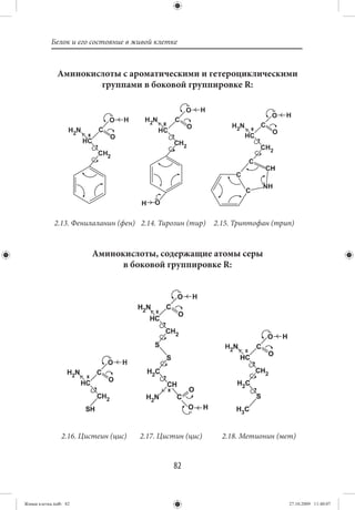 Белок и его состояние в живой клетке



              Аминокислоты с ароматическими и гетероциклическими
                      группами в боковой группировке R:




             2.13. Фенилаланин (фен) 2.14. Тирозин (тир)   2.15. Триптофан (трип)


                        Аминокислоты, содержащие атомы серы
                              в боковой группировке R:




                2.16. Цистеин (цис)   2.17. Цистин (цис)     2.18. Метионин (мет)


                                               82


Живая клетка.indb 82                                                           27.10.2009 11:40:07
 