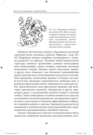 Белок и его состояние в живой клетке




                                                  Рис. 29. Структура молекулы
                                                  миоглобина [34]. Видно несколь-
                                                  ко прямых отрезков α-спирали,
                                                  соединенных короткими участ-
                                                  ками неспиральной цепочки.
                                                  Заштрихованный участок вну-
                                                  три молекулы — группа гема с
                                                  атомом железа в центре.

                 Наиболее обстоятельно вопросы образования третичной
             структуры белка изложены в работах Лифшица с сотр. [91,
             92]. Попробуем немного подробнее познакомиться с теори-
             ей, развитой в их работах: «Основой любой биологической
             структуры являются чрезвычайно длинные молекулярные
             цепи биополимеров, звенья которых скреплены сильными
             валентными связями. Помимо связей существуют, однако,
             и другие силы «бокового» или объемного взаимодействия
             между звеньями цепи, сблизившимися в результате ее изгиба.
             Они определяют возникающее фазовое состояние системы.
             В отсутствие объемного взаимодействия свободная цепь, в
             результате флуктуаций изгиба, сворачивается в рыхлый клу-
             бок. Дополнительные силы притяжения приводят при неко-
             торых критических значениях температуры и других пара-
             метров среды к «схлопыванию» рыхлого клубка в плотную
             глобулу. Такие глобулярные состояния являются по существу
             состояниями частичного равновесия, где первичная структу-
             ра цепи и связи между ее звеньями зафиксированы и образу-
             ют «линейную память» в системе. Равновесие реализуется по
             отношению к дополнительным силам взаимодействия с огра-
             ничениями, накладываемыми «линейной памятью».
                 И далее: «Прежде всего заметим, что цепочка может иметь
             множество совершенно различных пространственных укла-


                                             88


Живая клетка.indb 88                                                            27.10.2009 11:40:07
 