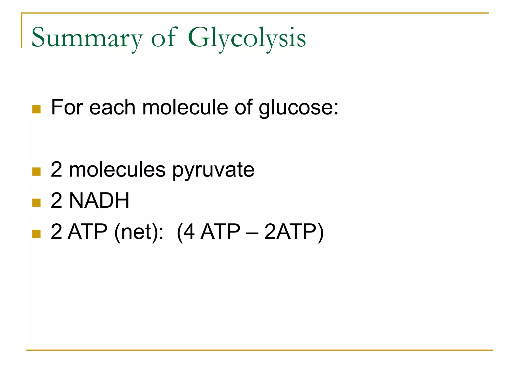Summary of Glycolysis
 For each molecule of glucose:
 2 molecules pyruvate
 2 NADH
 2 ATP (net): (4 ATP – 2ATP)
 