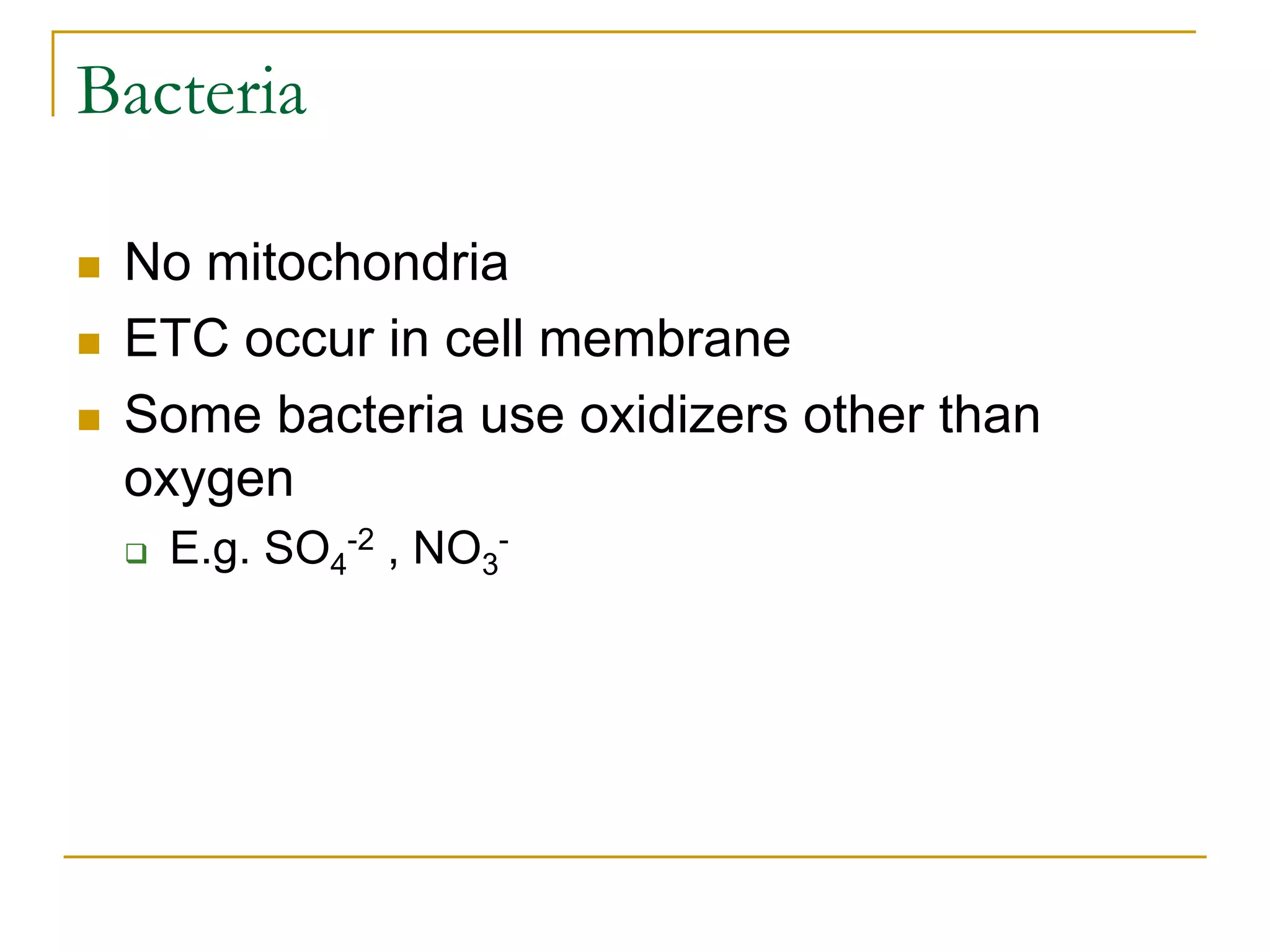 Bacteria
 No mitochondria
 ETC occur in cell membrane
 Some bacteria use oxidizers other than
oxygen
 E.g. SO4
-2 , NO3
-
 