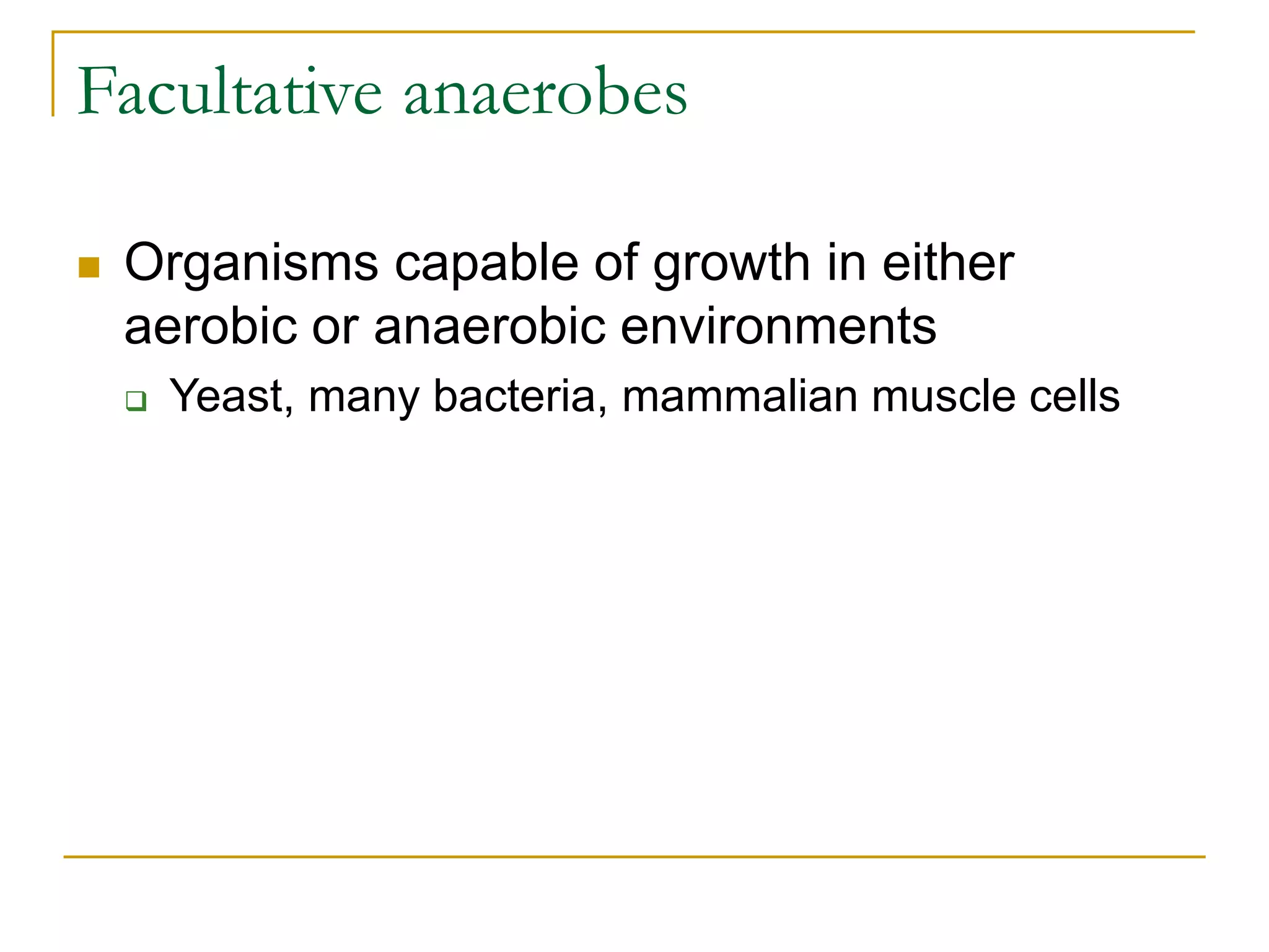 Facultative anaerobes
 Organisms capable of growth in either
aerobic or anaerobic environments
 Yeast, many bacteria, mammalian muscle cells
 