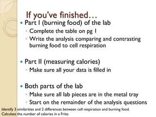 If you’ve finished…
               Part I (burning food) of the lab
                ◦ Complete the table on pg 1
                ◦ Write the analysis comparing and contrasting
                  burning food to cell respiration

               Part II (measuring calories)
                ◦ Make sure all your data is filled in

               Both parts of the lab
                ◦ Make sure all lab pieces are in the metal tray
                ◦ Start on the remainder of the analysis questions
Identify 3 similarities and 2 differences between cell respiration and burning food.
Calculate the number of calories in a Frito
 