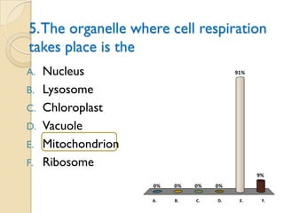 5. The organelle where cell respiration
takes place is the
A.   Nucleus                             91%


B.   Lysosome
C.   Chloroplast
D.   Vacuole
E.   Mitochondrion
F.   Ribosome
                                               9%
                     0%   0%   0%   0%

                     A.   B.   C.   D.    E.    F.
 