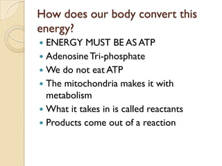How does our body convert this
energy?
 ENERGY MUST BE AS ATP
 Adenosine Tri-phosphate
 We do not eat ATP
 The mitochondria makes it with
  metabolism
 What it takes in is called reactants
 Products come out of a reaction
 