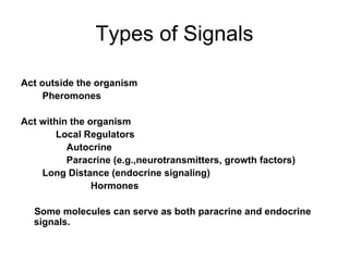 Types of Signals Act outside the organism Pheromones Act within the organism Local Regulators   Autocrine    Paracrine (e.g.,neurotransmitters, growth factors) Long Distance (endocrine signaling) Hormones Some molecules can serve as both paracrine and endocrine signals. 