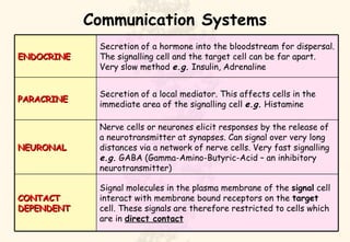 Communication Systems Signal molecules in the plasma membrane of the  signal  cell interact with membrane bound receptors on the  target  cell. These signals are therefore restricted to cells which are in  direct contact CONTACT DEPENDENT Nerve cells or neurones elicit responses by the release of a neurotransmitter at synapses. Can signal over very long distances via a network of nerve cells. Very fast signalling  e.g.  GABA (Gamma-Amino-Butyric-Acid – an inhibitory neurotransmitter) NEURONAL Secretion of a local mediator. This affects cells in the immediate area of the signalling cell  e.g.  Histamine PARACRINE Secretion of a hormone into the bloodstream for dispersal. The signalling cell and the target cell can be far apart. Very slow method  e.g.  Insulin, Adrenaline ENDOCRINE 