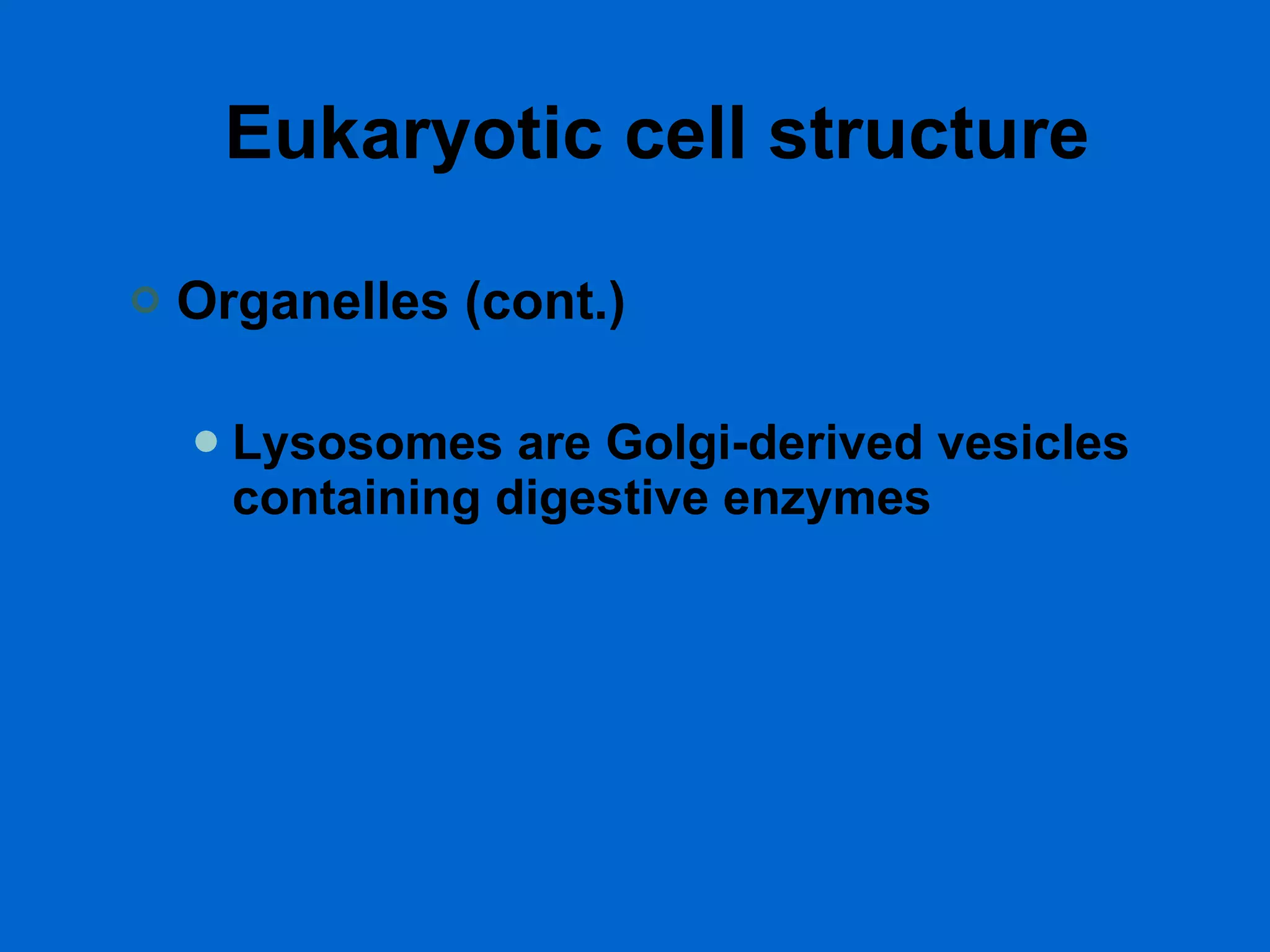 Eukaryotic cell structure Organelles (cont.) Lysosomes are Golgi-derived vesicles containing digestive enzymes 