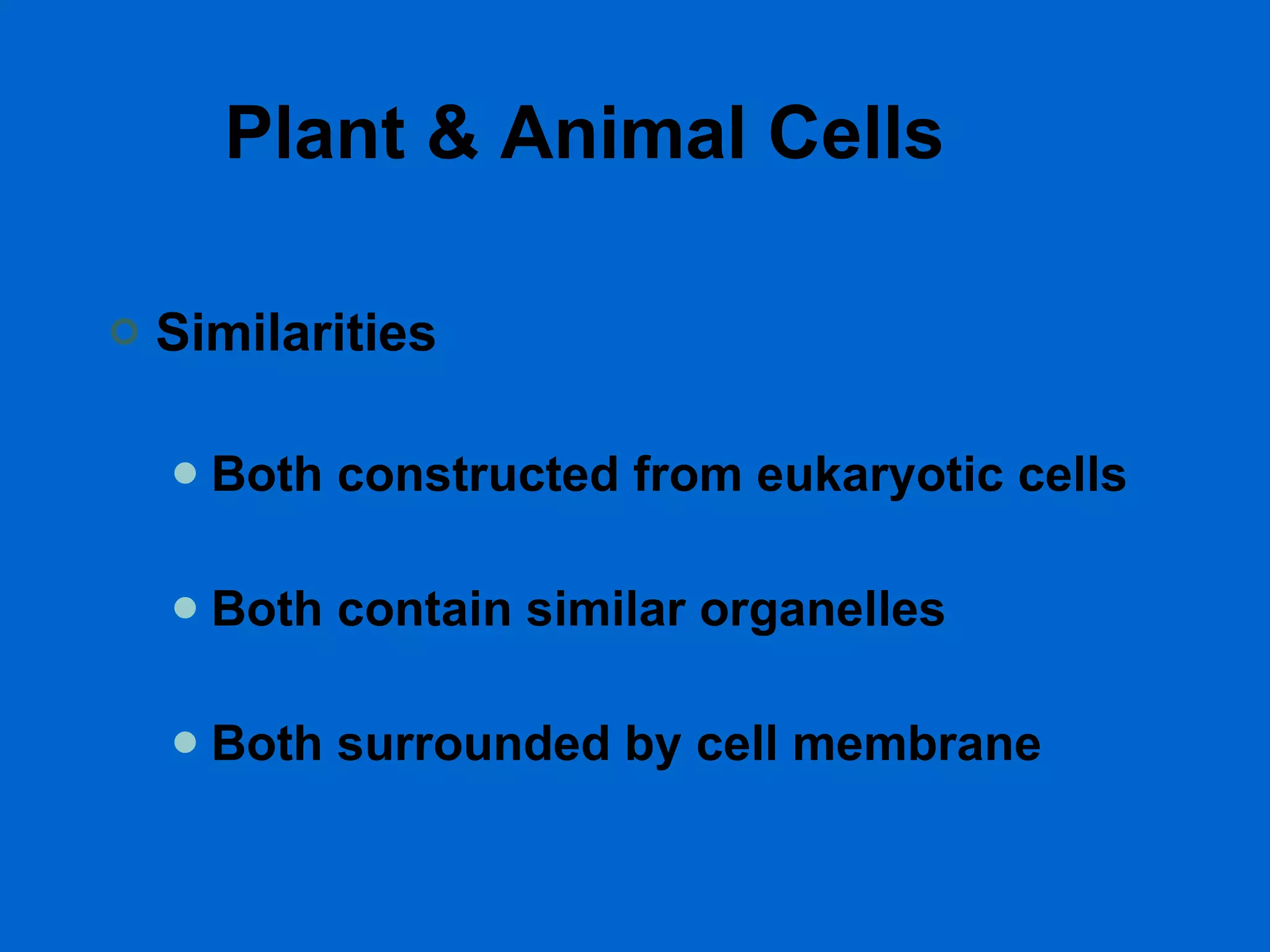 Plant & Animal Cells Similarities Both constructed from eukaryotic cells Both contain similar organelles Both surrounded by cell membrane 