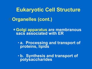 Eukaryotic Cell Structure Organelles (cont.) Golgi apparatus  are membranous sacs associated with ER a.  Processing and transport of proteins, lipids  b.  Synthesis and transport of polysaccharides   