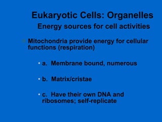Eukaryotic Cells: Organelles   Energy sources for cell activities Mitochondria provide energy for cellular functions (respiration)  a.  Membrane bound, numerous  b.  Matrix/cristae  c.  Have their own DNA and ribosomes; self-replicate   