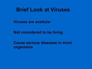 Brief Look at Viruses Viruses are acellular Not considered to be living Cause serious diseases in most organisms  