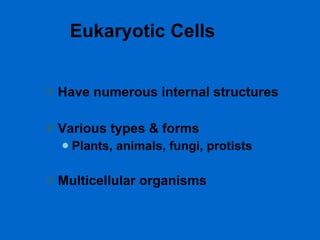 Eukaryotic Cells Have numerous internal structures Various types & forms Plants, animals, fungi, protists Multicellular organisms 