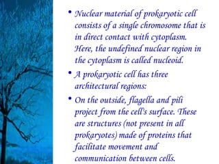 • Nuclear material of prokaryotic cell
  consists of a single chromosome that is
  in direct contact with cytoplasm.
  Here, the undefined nuclear region in
  the cytoplasm is called nucleoid.
• A prokaryotic cell has three
  architectural regions:
• On the outside, flagella and pili
  project from the cell's surface. These
  are structures (not present in all
  prokaryotes) made of proteins that
  facilitate movement and
  communication between cells.
 
