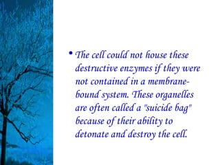 • The cell could not house these
  destructive enzymes if they were
  not contained in a membrane-
  bound system. These organelles
  are often called a "suicide bag"
  because of their ability to
  detonate and destroy the cell.
 