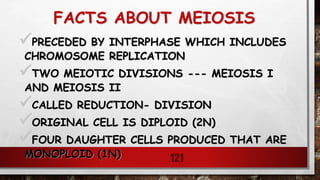 FACTS ABOUT MEIOSIS
PRECEDED BY INTERPHASE WHICH INCLUDES
CHROMOSOME REPLICATION
TWO MEIOTIC DIVISIONS --- MEIOSIS I
AND MEIOSIS II
CALLED REDUCTION- DIVISION
ORIGINAL CELL IS DIPLOID (2N)
FOUR DAUGHTER CELLS PRODUCED THAT ARE
MONOPLOID (1N) 121
 
