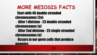 MORE MEIOSIS FACTS
123
 Start with 46 double stranded
chromosomes (2n)
After 1 division - 23 double stranded
chromosomes (n)
After 2nd division - 23 single stranded
chromosomes (n)
 Occurs in our germ cells that produce
gametes
 