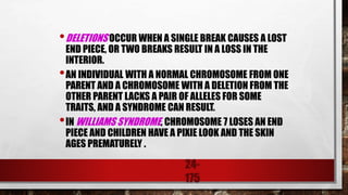 24-
175
•DELETIONS OCCUR WHEN A SINGLE BREAK CAUSES A LOST
END PIECE, OR TWO BREAKS RESULT IN A LOSS IN THE
INTERIOR.
•AN INDIVIDUAL WITH A NORMAL CHROMOSOME FROM ONE
PARENT AND A CHROMOSOME WITH A DELETION FROM THE
OTHER PARENT LACKS A PAIR OF ALLELES FOR SOME
TRAITS, AND A SYNDROME CAN RESULT.
•IN WILLIAMS SYNDROME, CHROMOSOME 7 LOSES AN END
PIECE AND CHILDREN HAVE A PIXIE LOOK AND THE SKIN
AGES PREMATURELY .
 