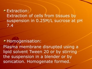 Extraction:
Extraction of cells from tissues by
suspension in 0.25M/L sucrose at pH
7.4
Homogenisation:
Plasma membrane disrupted using a
lipid solvent Tween 20 or by stirring
the suspension in a blender or by
sonication. Homogenate formed.
 