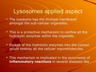 Lysosomes applied aspect
The lysosome has the thickest membrane
amongst the sub-cellular organelles.
This is a protective mechanism to confine all the
hydrolytic enzymes within the organelle.
Escape of the hydrolytic enzymes into the cytosol
would destroy all the cellular macromolecules.
This mechanism is implicated in the occurrence of
inflammatory reactions in several diseases like
gout, silicosis, arthritis and allergic disorders.
 