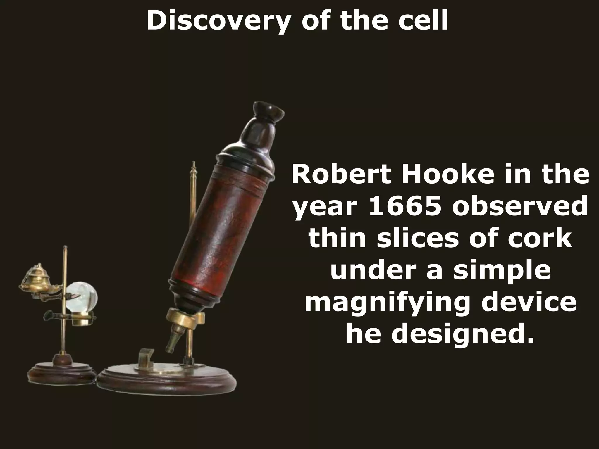 Discovery of the cell
Robert Hooke in the
year 1665 observed
thin slices of cork
under a simple
magnifying device
he designed.
 