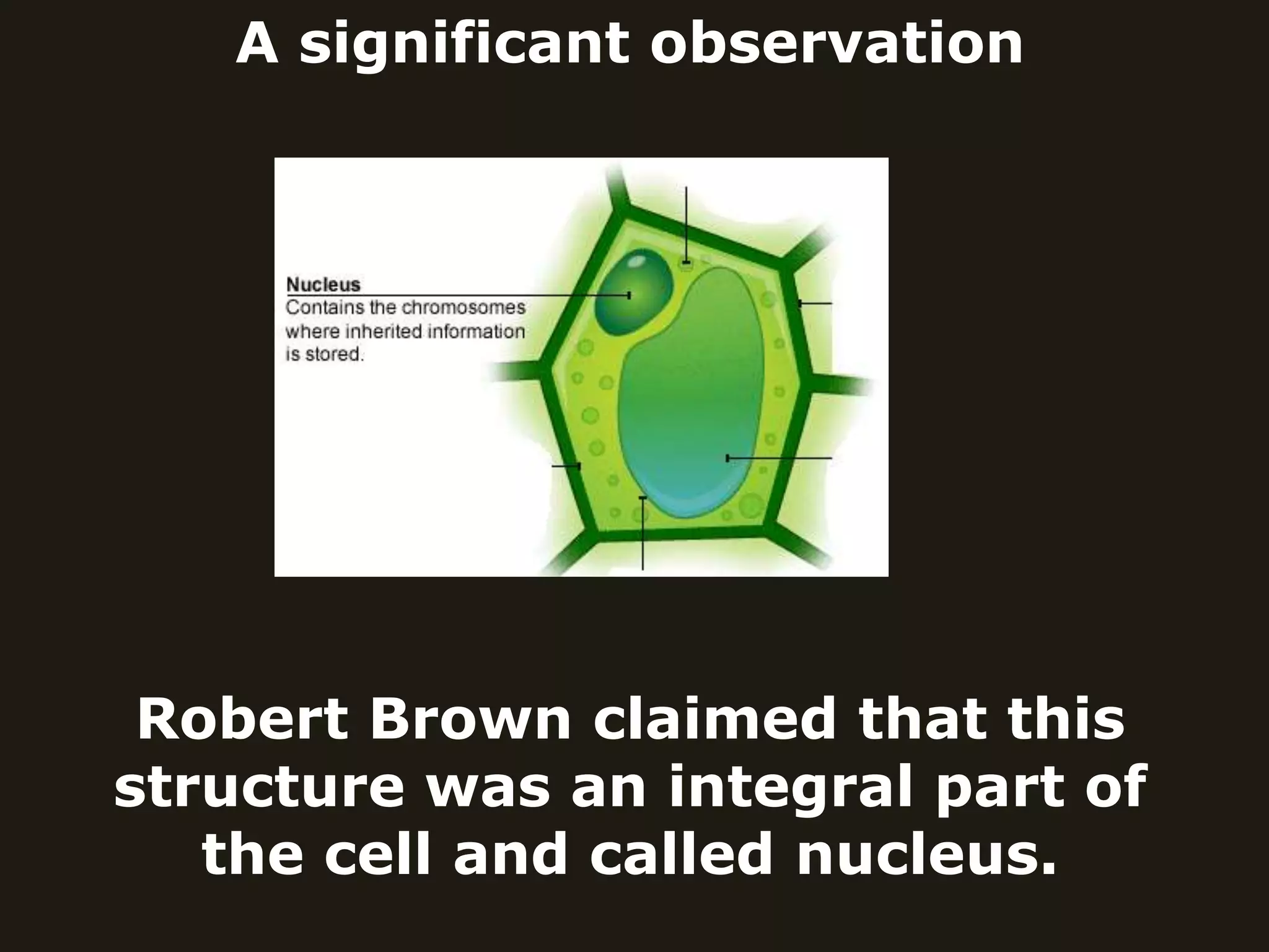 A significant observation
Robert Brown claimed that this
structure was an integral part of
the cell and called nucleus.
 
