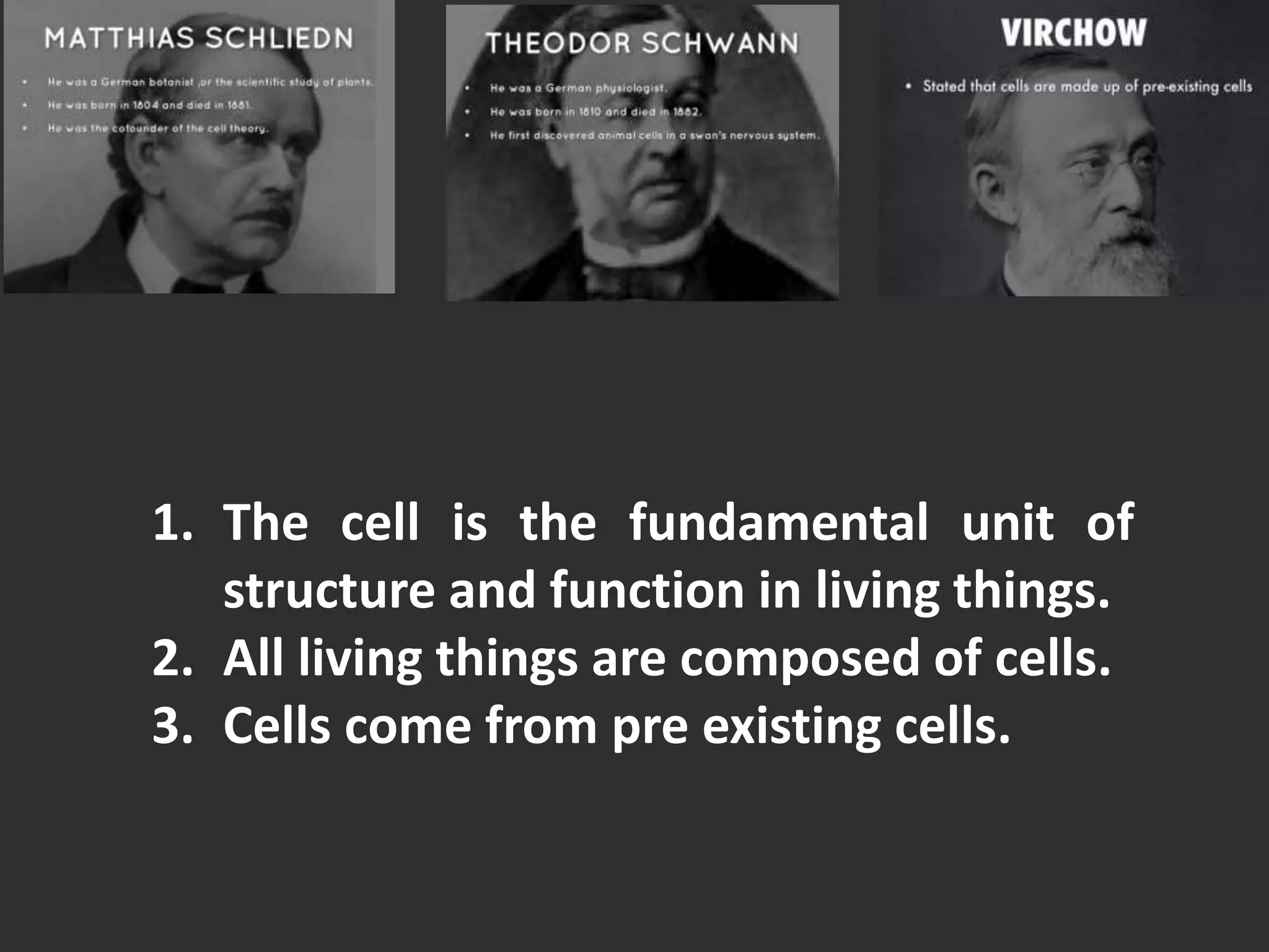 1. The cell is the fundamental unit of
structure and function in living things.
2. All living things are composed of cells.
3. Cells come from pre existing cells.
 