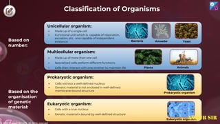 © 2022, Aakash BYJU'S. All rights reserved
Based on
number:
Based on the
organisation
of genetic
material:
Prokaryotic organism:
Eukaryotic organism:
Unicellular organism:
Multicellular organism:
● Made up of a single cell
● Functional unit which is capable of respiration,
excretion, etc. and capable of independent
existence
● Made up of more than one cell
● Specialised cells perform different functions
● Cells then interact with one another to maintain life
Bacteria Amoeba Yeast
Plants Animals
● Cells with a true nucleus
● Genetic material is bound by well-defined structure
Prokaryotic organism
Eukaryotic organism
Classification of Organisms
● Cells without a well-defined nucleus
● Genetic material is not enclosed in well-defined
membrane-bound structure
ANKUR SIR
 