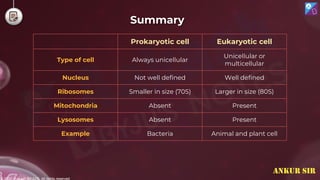 © 2022, Aakash BYJU'S. All rights reserved
Summary
Prokaryotic cell Eukaryotic cell
Type of cell Always unicellular
Unicellular or
multicellular
Nucleus Not well defined Well defined
Ribosomes Smaller in size (70S) Larger in size (80S)
Mitochondria Absent Present
Lysosomes Absent Present
Example Bacteria Animal and plant cell
ANKUR SIR
 
