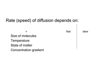 Rate (speed) of diffusion depends on:

           »                  fast      slow
  Size of molecules
  Temperature
  State of matter
  Concentration gradient
 