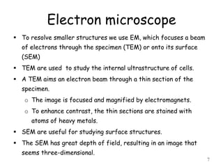 Electron microscope
 To resolve smaller structures we use EM, which focuses a beam
of electrons through the specimen (TEM) or onto its surface
(SEM)
 TEM are used to study the internal ultrastructure of cells.
 A TEM aims an electron beam through a thin section of the
specimen.
o The image is focused and magnified by electromagnets.
o To enhance contrast, the thin sections are stained with
atoms of heavy metals.
 SEM are useful for studying surface structures.
 The SEM has great depth of field, resulting in an image that
seems three-dimensional.
7
 