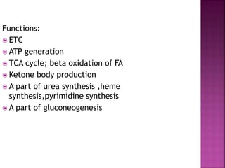 Functions:
 ETC
 ATP generation
 TCA cycle; beta oxidation of FA
 Ketone body production
 A part of urea synthesis ,heme
synthesis,pyrimidine synthesis
 A part of gluconeogenesis
 