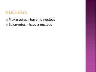  Prokaryotes – have no nucleus
 Eukaryotes – have a nucleus
 